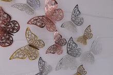 Load image into Gallery viewer, 12x Metallic Effect Rose Gold, Silver & Gold Filigree Style Butterfly 3D Wall Decals