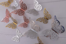 Load image into Gallery viewer, 12x Metallic Effect Rose Gold, Silver & Gold Filigree Style Butterfly 3D Wall Decals