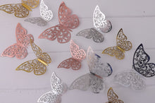 Load image into Gallery viewer, 12x Metallic Effect Rose Gold, Silver & Gold Filigree Style Butterfly 3D Wall Decals