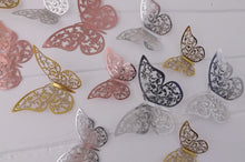 Load image into Gallery viewer, 12x Metallic Effect Rose Gold, Silver & Gold Filigree Style Butterfly 3D Wall Decals