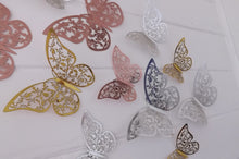 Load image into Gallery viewer, 12x Metallic Effect Rose Gold, Silver & Gold Filigree Style Butterfly 3D Wall Decals