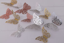 Load image into Gallery viewer, 12x Metallic Effect Rose Gold, Silver & Gold Filigree Style Butterfly 3D Wall Decals