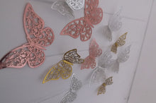 Load image into Gallery viewer, 12x Metallic Effect Rose Gold, Silver & Gold Filigree Style Butterfly 3D Wall Decals