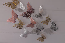 Load image into Gallery viewer, 12x Metallic Effect Rose Gold, Silver & Gold Filigree Style Butterfly 3D Wall Decals