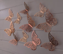 Load image into Gallery viewer, 12x Metallic Mirror Effect Filigree Style Butterfly 3D Wall Decals (4x colour options)