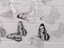 Load image into Gallery viewer, 12x Silver Metallic Mirror Effect Filigree Style Butterfly 3D Wall Decals