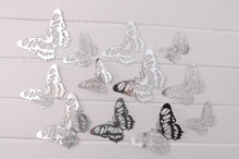 Load image into Gallery viewer, 12x Silver Metallic Mirror Effect Filigree Style Butterfly 3D Wall Decals