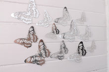 Load image into Gallery viewer, 12x Silver Metallic Mirror Effect Filigree Style Butterfly 3D Wall Decals