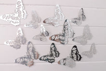 Load image into Gallery viewer, 12x Silver Metallic Mirror Effect Filigree Style Butterfly 3D Wall Decals