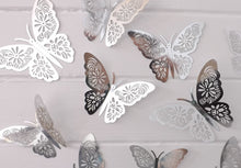 Load image into Gallery viewer, 12x Metallic Mirror Effect 3D Floral Filigree Butterfly Wall Decals (4x colour options)