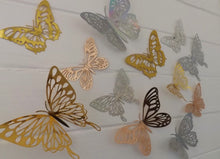 Load image into Gallery viewer, 12x Mixed Colour Metallic Effect Mirror Like Filigree Style Butterfly 3D Wall Decals