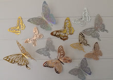 Load image into Gallery viewer, 12x Mixed Colour Metallic Effect Mirror Like Filigree Style Butterfly 3D Wall Decals