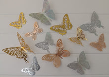 Load image into Gallery viewer, 12x Mixed Colour Metallic Effect Mirror Like Filigree Style Butterfly 3D Wall Decals