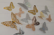 Load image into Gallery viewer, 12x Mixed Colour Metallic Effect Mirror Like Filigree Style Butterfly 3D Wall Decals
