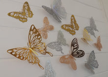 Load image into Gallery viewer, 12x Mixed Colour Metallic Effect Mirror Like Filigree Style Butterfly 3D Wall Decals