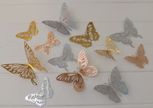 Load image into Gallery viewer, 12x Mixed Colour Metallic Effect Mirror Like Filigree Style Butterfly 3D Wall Decals