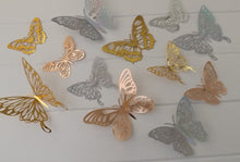 Load image into Gallery viewer, 12x Mixed Colour Metallic Effect Mirror Like Filigree Style Butterfly 3D Wall Decals