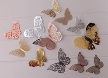 Load image into Gallery viewer, 12x Mixed Colour Metallic Effect Mirror Like Filigree Style Butterfly 3D Wall Decals