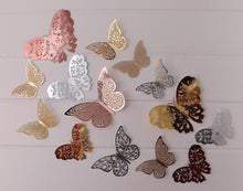 Load image into Gallery viewer, 12x Mixed Colour Metallic Effect Mirror Like Filigree Style Butterfly 3D Wall Decals