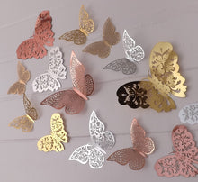Load image into Gallery viewer, 12x Mixed Colour Metallic Effect Mirror Like Filigree Style Butterfly 3D Wall Decals