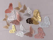 Load image into Gallery viewer, 12x Mixed Colour Metallic Effect Mirror Like Filigree Style Butterfly 3D Wall Decals