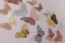 Load image into Gallery viewer, 12x Mixed Colour Metallic Effect Mirror Like Filigree Style Butterfly 3D Wall Decals