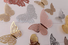 Load image into Gallery viewer, 12x Mixed Colour Metallic Effect Mirror Like Filigree Style Butterfly 3D Wall Decals