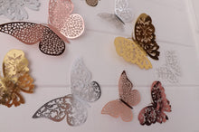Load image into Gallery viewer, 12x Mixed Colour Metallic Effect Mirror Like Filigree Style Butterfly 3D Wall Decals