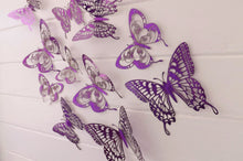 Load image into Gallery viewer, 12x Mixed Purple Metallic Look 3D Butterfly Wall Decals
