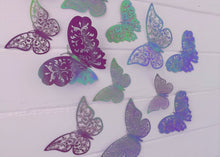 Load image into Gallery viewer, 12x Purple & Holographic Sheen Metallic Effect 3D Butterfly Wall Decals