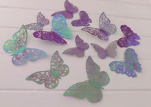 Load image into Gallery viewer, 12x Purple & Holographic Sheen Metallic Effect 3D Butterfly Wall Decals