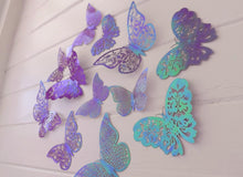 Load image into Gallery viewer, 12x Purple & Holographic Sheen Metallic Effect 3D Butterfly Wall Decals