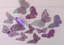 Load image into Gallery viewer, 12x Purple & Holographic Sheen Metallic Effect 3D Butterfly Wall Decals