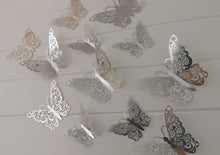 Load image into Gallery viewer, 12x Silver Hollow Metallic Effect 3D Butterfly Wall Decals