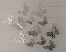 Load image into Gallery viewer, 12x Silver Hollow Metallic Effect 3D Butterfly Wall Decals