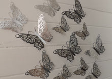 Load image into Gallery viewer, 12x Silver Hollow Metallic Effect 3D Butterfly Wall Decals