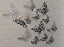 Load image into Gallery viewer, 12x Silver Hollow Metallic Effect 3D Butterfly Wall Decals