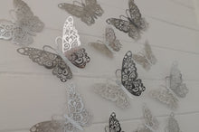 Load image into Gallery viewer, 12x Silver Hollow Metallic Effect 3D Butterfly Wall Decals