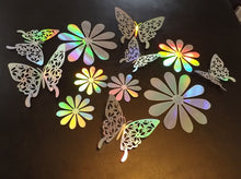 Load image into Gallery viewer, 12x Silver Hologram Metallic Mirror style 3D Flower & Butterfly Wall Decals