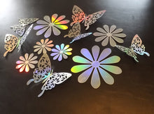 Load image into Gallery viewer, 12x Silver Hologram Metallic Mirror style 3D Flower & Butterfly Wall Decals