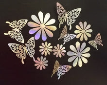 Load image into Gallery viewer, 12x Silver Hologram Metallic Mirror style 3D Flower & Butterfly Wall Decals