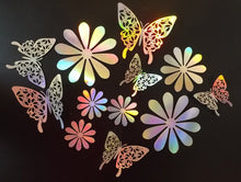 Load image into Gallery viewer, 12x Silver Hologram Metallic Mirror style 3D Flower & Butterfly Wall Decals