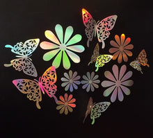 Load image into Gallery viewer, 12x Silver Hologram Metallic Mirror style 3D Flower & Butterfly Wall Decals