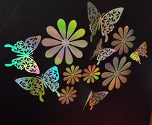 Load image into Gallery viewer, 12x Silver Hologram Metallic Mirror style 3D Flower & Butterfly Wall Decals