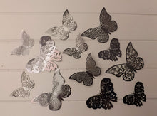 Load image into Gallery viewer, 12x Warm Grey Mirror Like Filigree Style Butterfly 3D Wall Decals