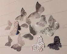 Load image into Gallery viewer, 12x Warm Grey Mirror Like Filigree Style Butterfly 3D Wall Decals