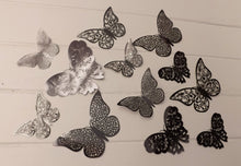 Load image into Gallery viewer, 12x Warm Grey Mirror Like Filigree Style Butterfly 3D Wall Decals