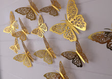 Load image into Gallery viewer, 12x Metallic Mirror Effect 3D Floral Filigree Butterfly Wall Decals (4x colour options)