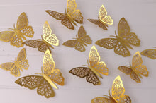 Load image into Gallery viewer, 12x Metallic Mirror Effect 3D Floral Filigree Butterfly Wall Decals (4x colour options)