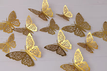 Load image into Gallery viewer, 12x Metallic Mirror Effect 3D Floral Filigree Butterfly Wall Decals (4x colour options)